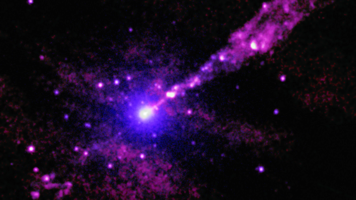 Galaxy-size jet from monster black hole blasts mystery object in deep space (video)