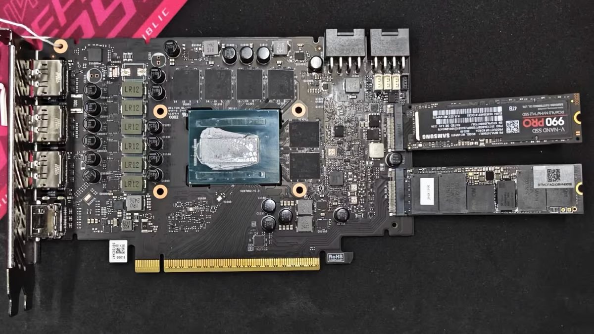 Intel Arc B580 GPU with two M.2 slots smiles for the camera — Maxsun GPU offers storage expansion with two PCIe 4.0 SSDs