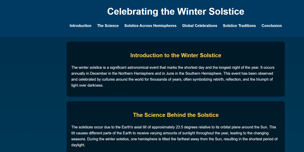 Landing Page: Winter Solstice Celebrations Dev Challenge